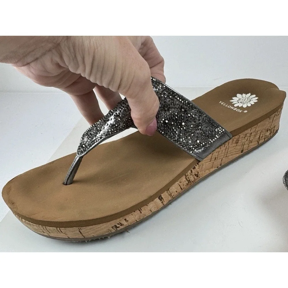 Yellow Box Crystal Wedge Sandals Sz 7 Silver Glitter Rhinestone‎ Flip Flops - Picture 12 of 16